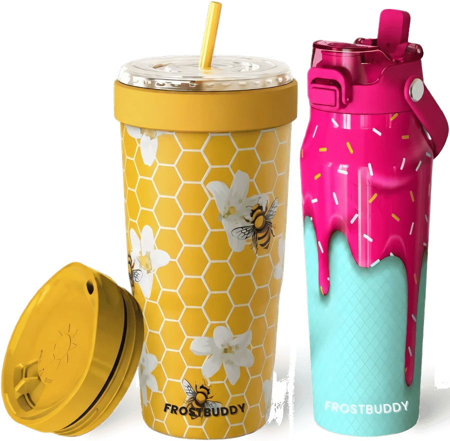 Vaso con pajita y botella con estampados de colores impresos en 360°