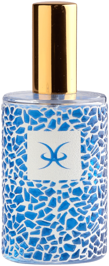 Frasco de perfume de vidrio con mosaico azul impreso