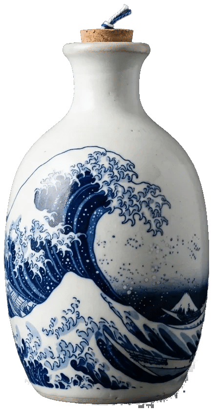 Botella de cerámica con una ola azul impresa en todo el contorno