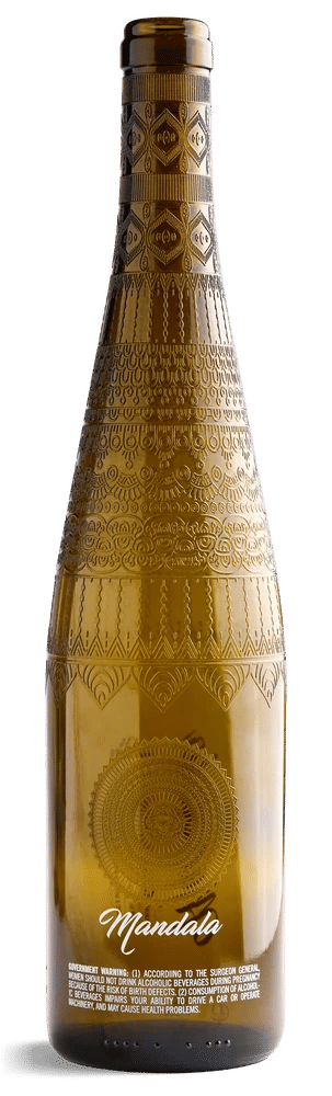 Amber glass bottle printed with an embossed-look mandala pattern