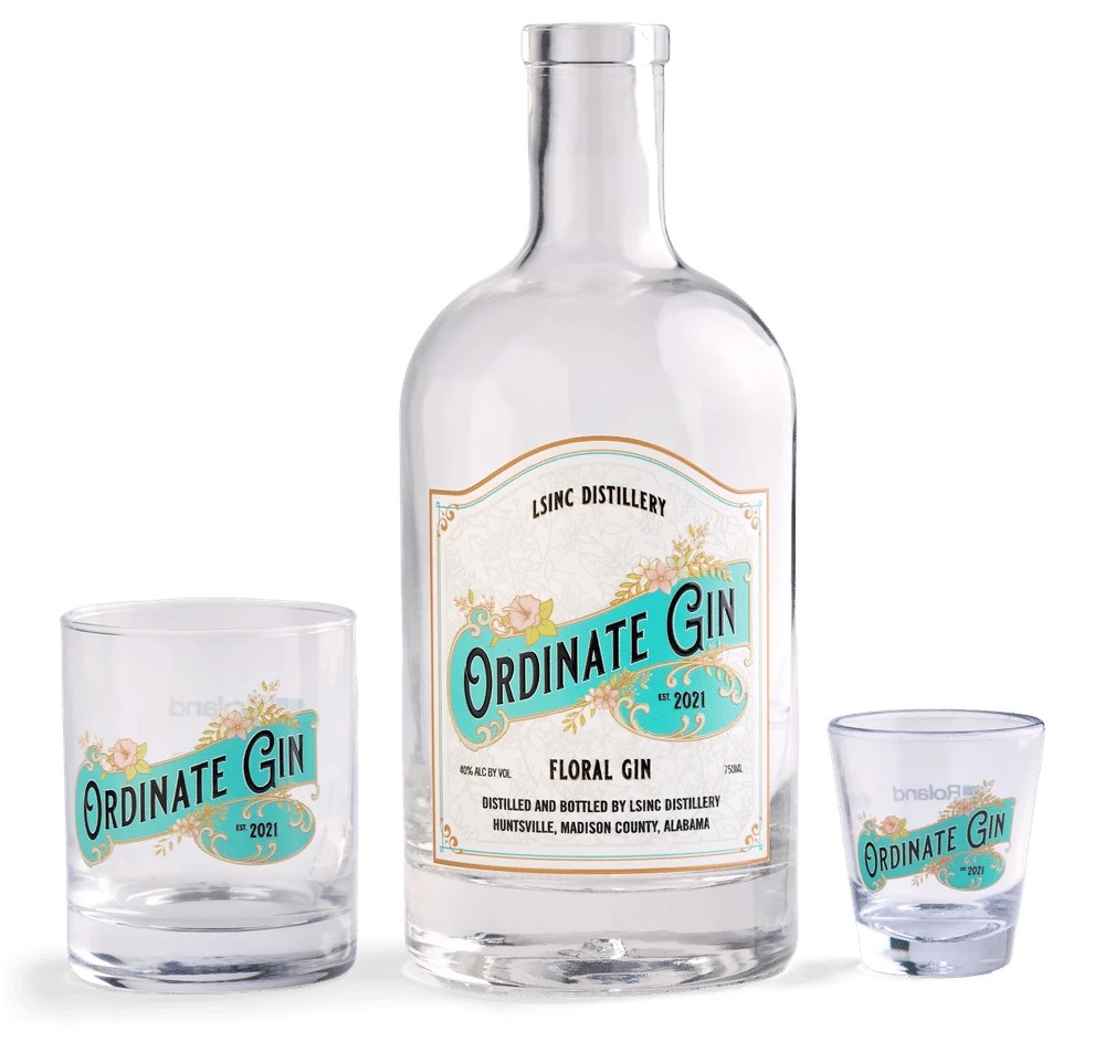 Gin bottle, rocks glass, and shot glass printed with matching Ordinate Gin designs
