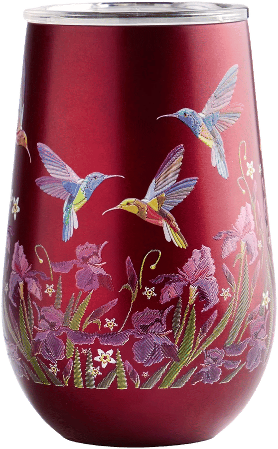 Red tumbler with hummingbirds and flowers printed in 360°