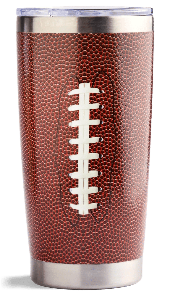 Stainless steel tumbler printed with a realistic football texture