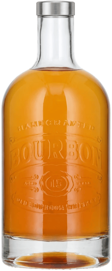 Glass bourbon bottle with a printed embossed effect
