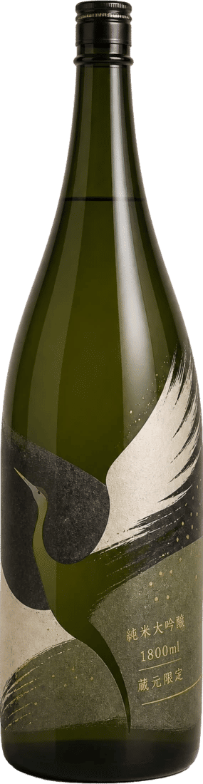 鶴の意匠を高精細プリントした緑色の日本酒瓶