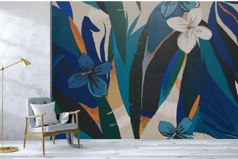 Mural de flores, impreso con profundidad texturada.