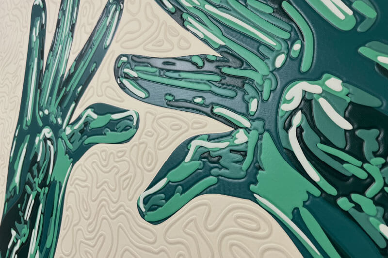 Embossed texture printed with DIMENSE DA-640 Superficie impresa con exclusiva textura en relieve