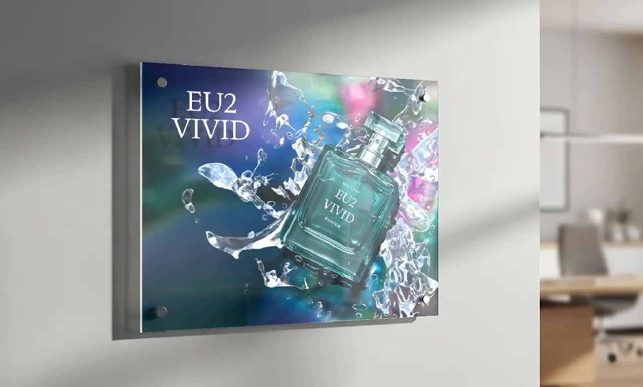 Painel gráfico em acrílico transparente com impressão UV de alta definição