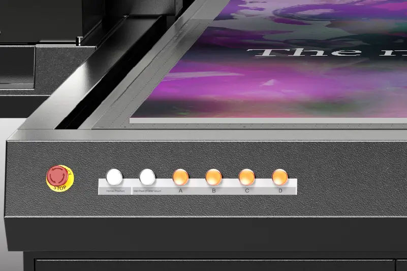 Close-up of the printer bed handling a rigid panel during printing