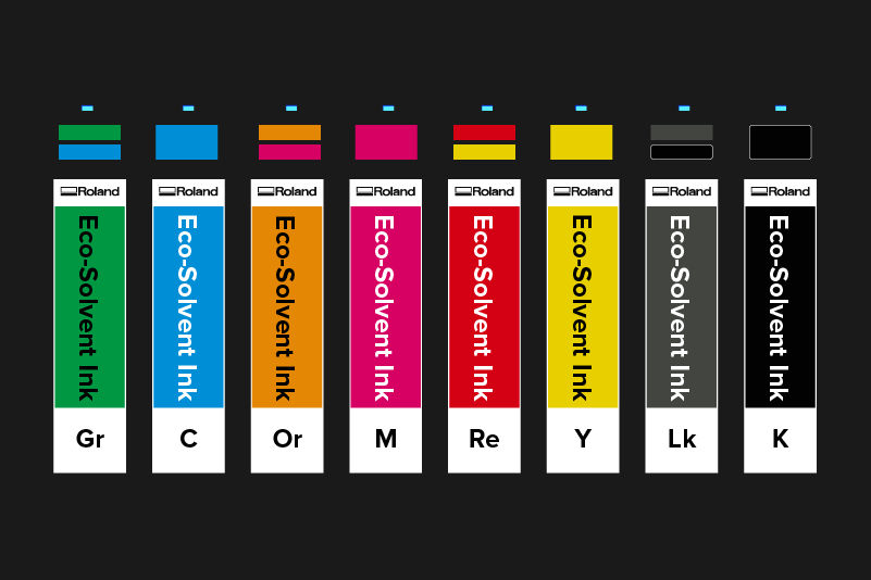 Cartuchos de tintas eco-solventes en ocho colores: Gr, C, Or, M, Re, Y, Lk y K