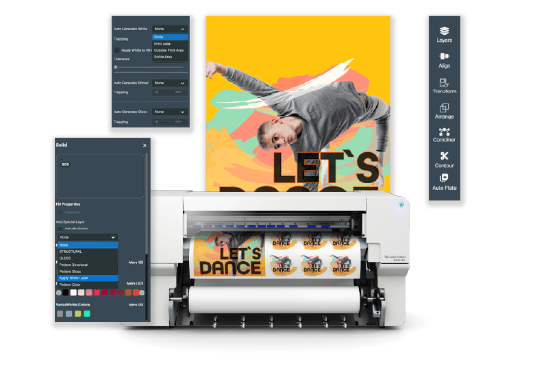 Previsualización del módulo de la BN2, mostrando aplicaciones de impresión DTF