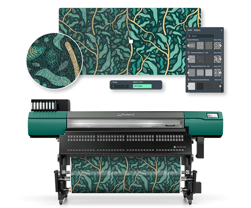 Pré-visualização do módulo DIMENSE mostrando impressão com textura e interface da impressora