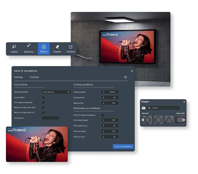 Roland DG Connect Designer con Letrero de Pared Mostrando a una Mujer Cantando.