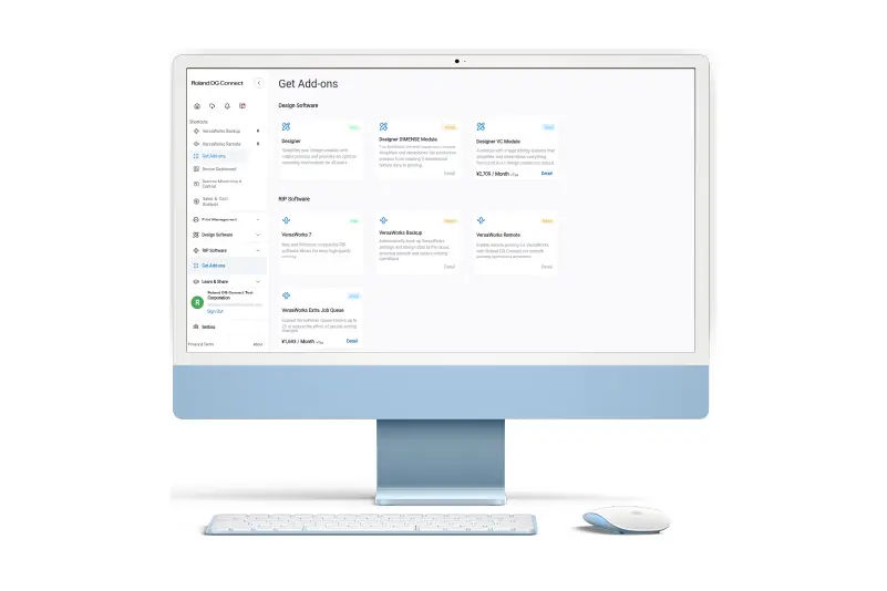 Interfaz Roland DG Connect mostrando complementos VersaWorks® 7 para eficiencia y confiabilidad máximas en flujos de trabajo de impresión.