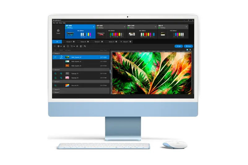 VersaWorks 7 free RIP software download from Roland DG, shown running on Mac with vivid print preview.