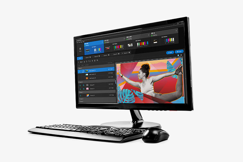 Monitor de computadora mostrando el Paquete de Software RIP Multifuncional VersaWorks® 6.