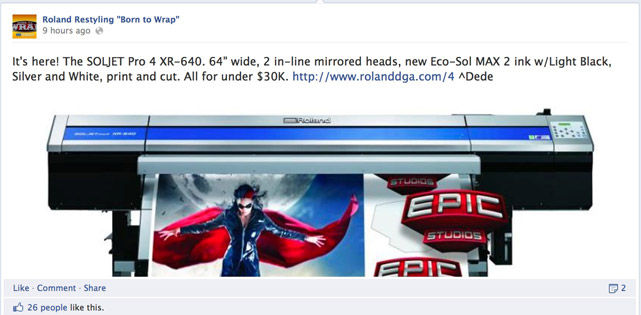 Impresora/Cortadora SOLJET Pro 4 de Roland DG en la Página Restyling de Facebook.