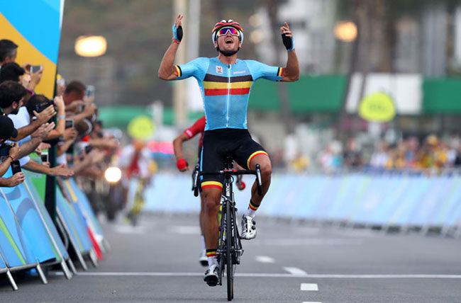 Greg van Avermaet celebrates winning the gold medal 