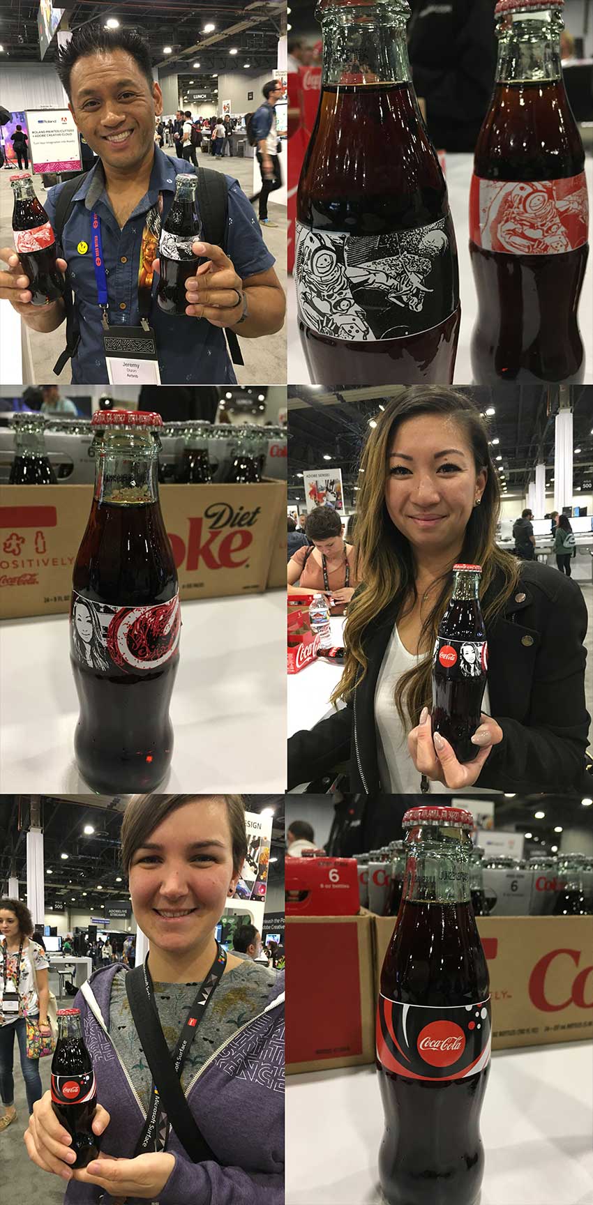 Visitantes al puesto de Adobe MAX con etiquetas de Coca-Cola