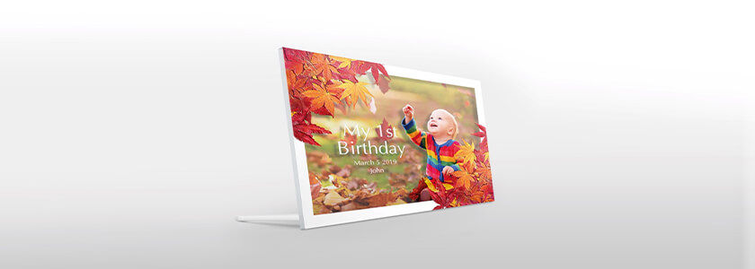Picture frame customized with UV-printed fall leaves with picture of a baby in fall leaves