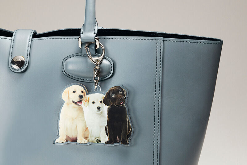 Grey leather tote with custom printed keychain featuring two dogs.