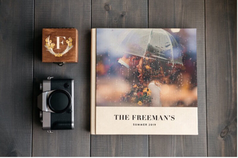 A custom printed photo book seen from above with a custom printed set of coasters and a camera.