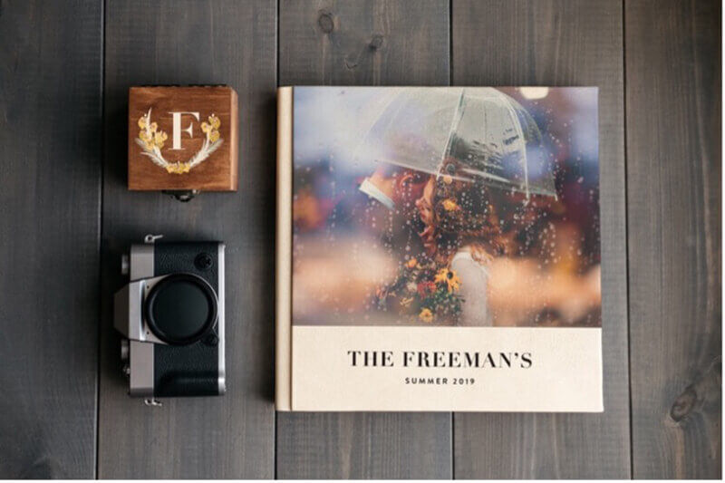 A custom printed photo book seen from above with a custom printed set of coasters and a camera.