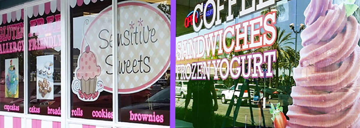 Side by side images of window graphics for a sweets shop and a coffee and ice cream shop