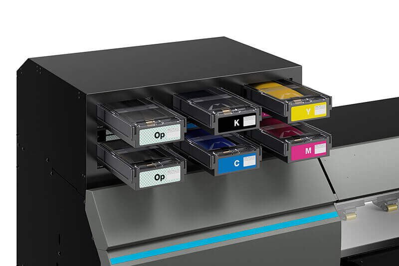 Top corner of Roland AP-640 resin ink printer showing ink cartidges