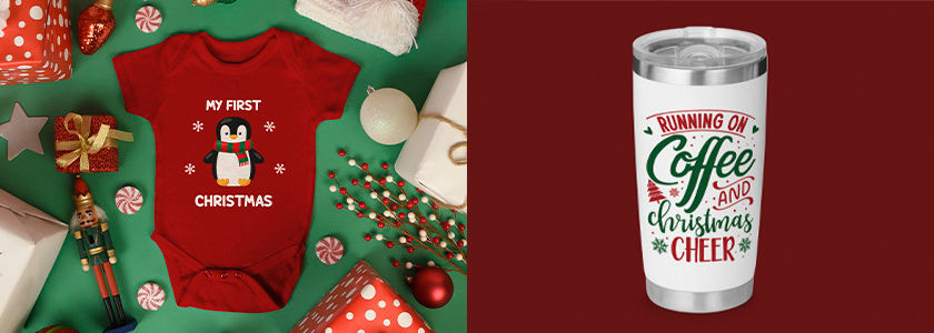 Body navideño con la frase “My First Christmas” (“mi primera Navidad”) y una taza térmica con la frase “Running on Coffee and Christmas Cheer” (“funcionando con café y el espíritu navideño”)