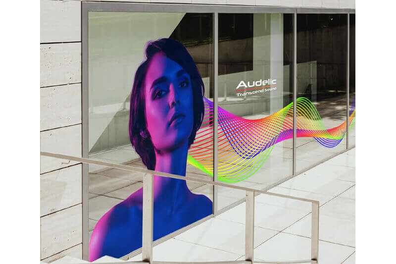 Multi-pane store window with colorful graphics of a woman's face printed with a Roland DG UV printer