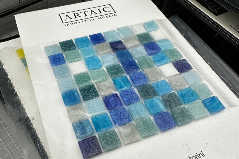 Sample board with sample tiles affixed to the UV-printed board.