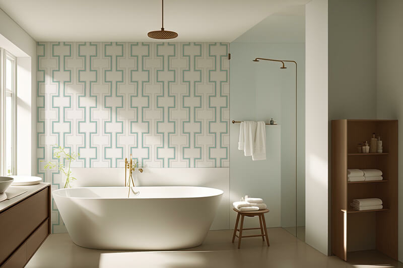 Modern bathroom with mosaic accent wall.