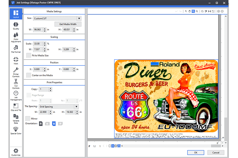 Screenshot of VersaWorks RIP software with a file being prepared for the EU-1000MF UV flatbed printer.