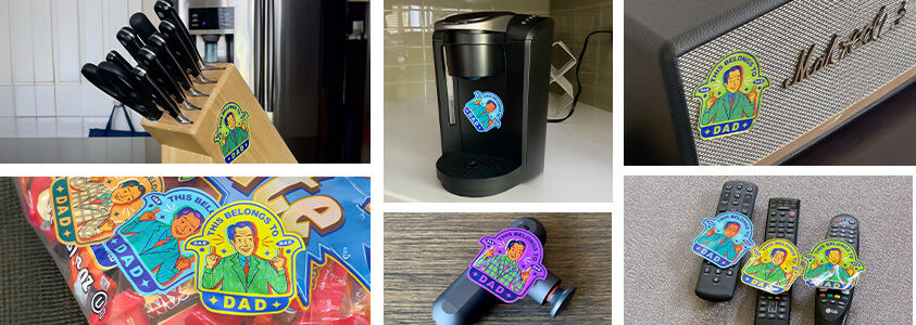 Collage de productos caseros con stickers encima que dicen "This Belongs to Dad" ("propiedad de papá")