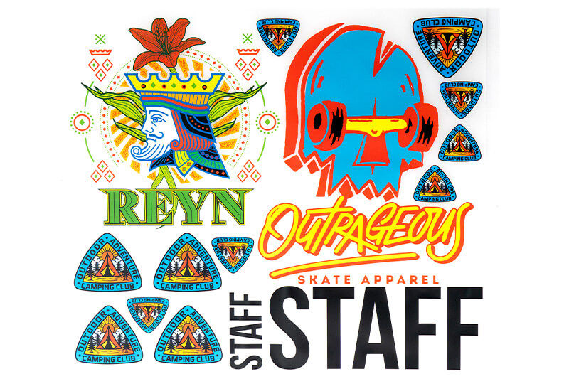 Gang sheet with multiple graphics with words, logos, and designs.
