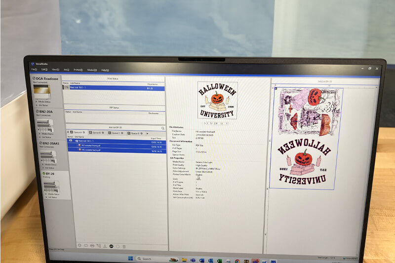 Computer screen showing setup for printing Halloween designs on a Roland DG digital printer.