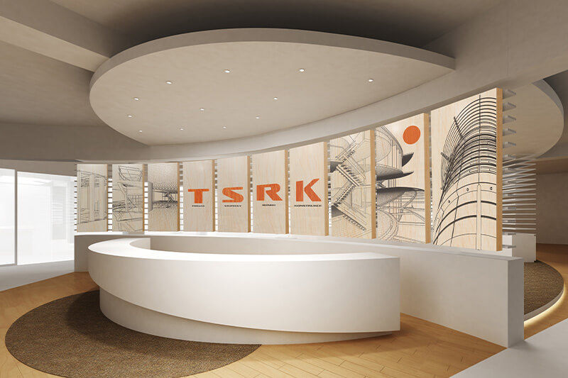 Corporate lobby with paneled graphics background.