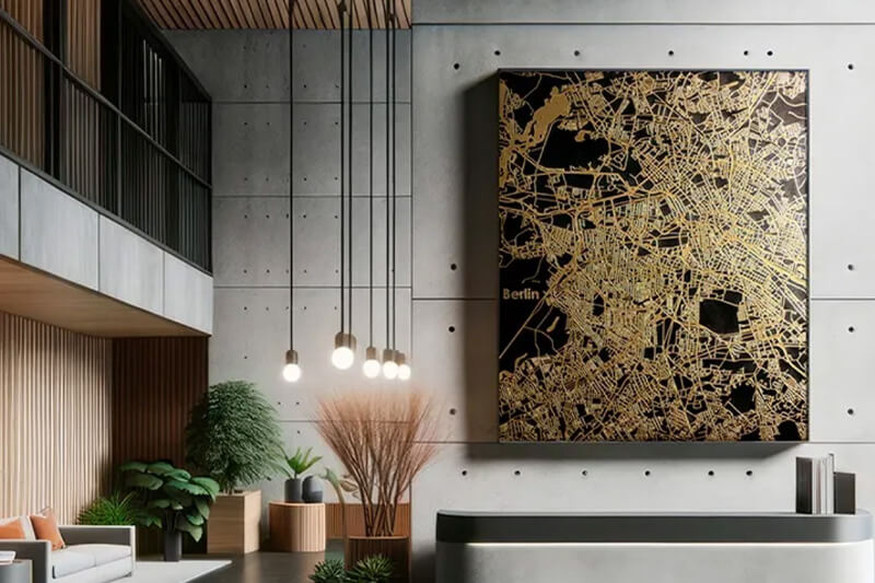 Reception desk with black and gold textured artwork on the wall.