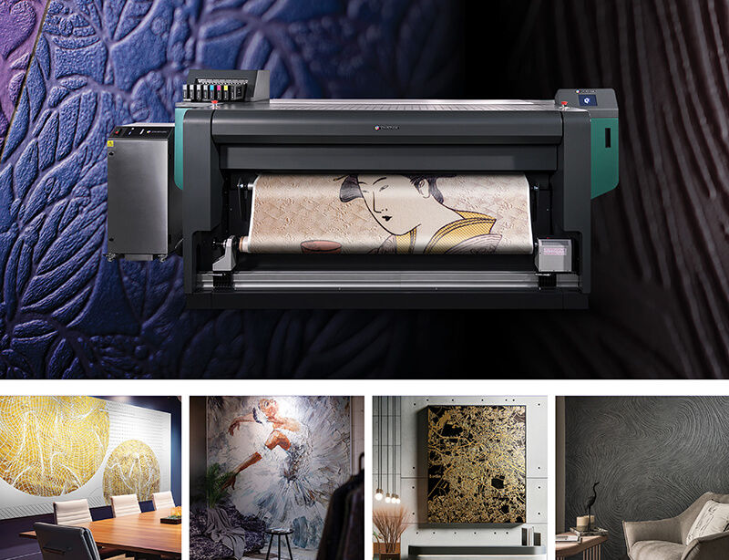 Roland DG DIMENSE Dimensor S texture printer and four application images.