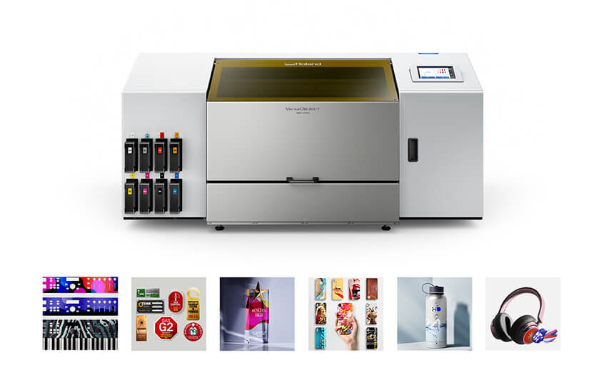 Roland DG VersaOBJECT MO-240 bench top UV printer and application images.