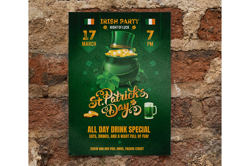 A flyer advertising a St. Patrick's Day party and all-day drink special