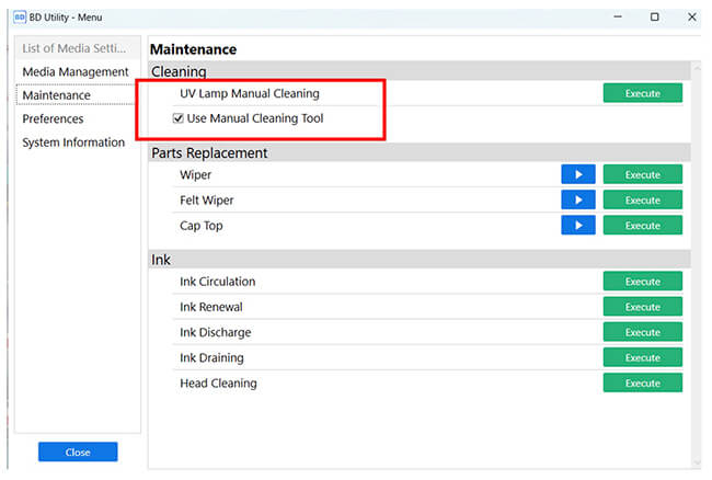Maintenance menu showing cleaning-tool indicator options