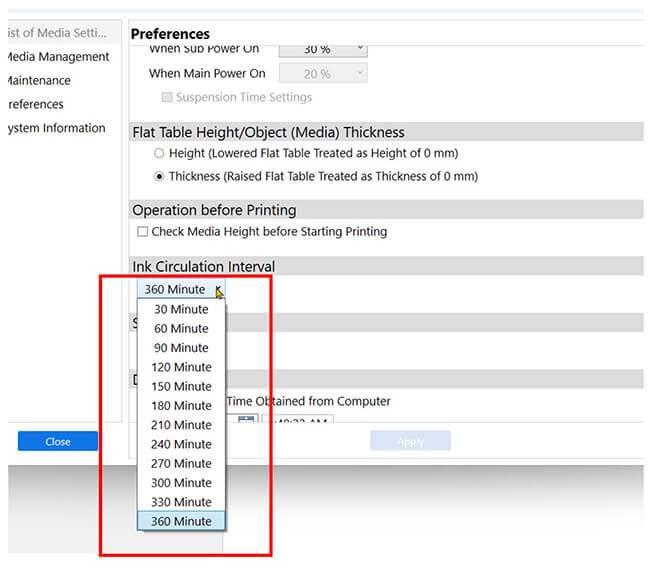 Pantalla de preferencias con configuración de intervalo de circulación de tinta.