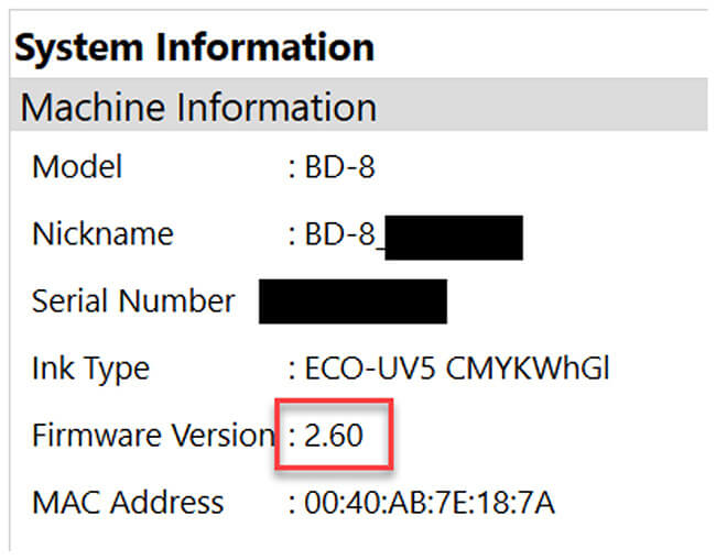 VersaSTUDIO BD-8 system-information screen showing firmware version