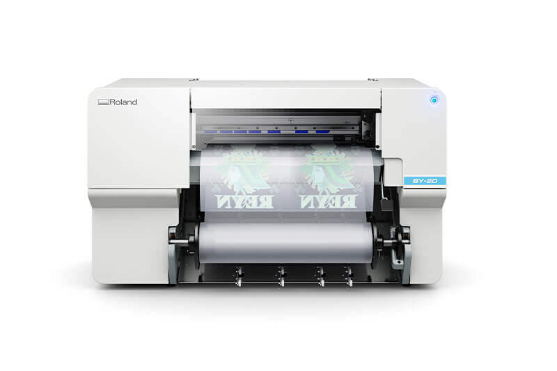 Roland DG BY-20 DTF printer with printed media.