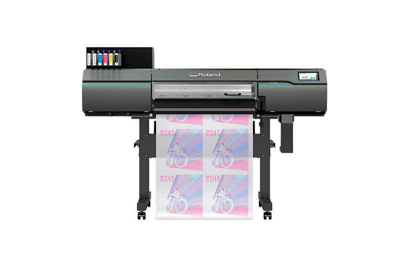 Roland DG TY-300 DTF printer with printed media.
