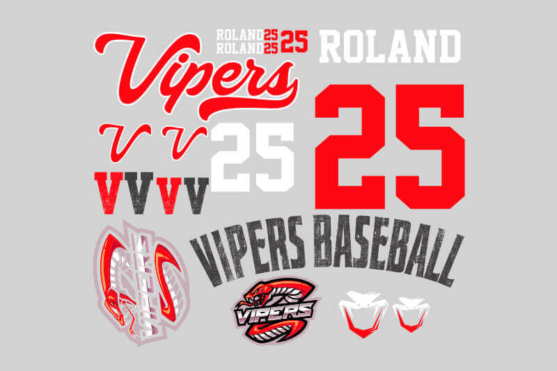 Gang sheet of designs for Vipers baseball team apparel.