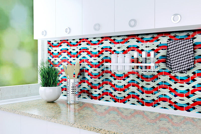Mosaicos de salpicadero rojos, blancos y azules, impresos con tecnología UV.