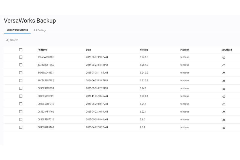 Screenshot of VersaWorks Backup